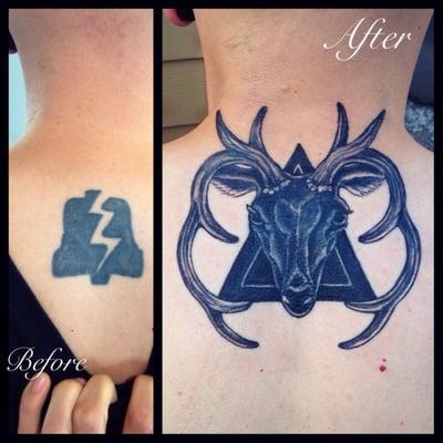 Stag cover up by Violet @violet_tattoo_pdx