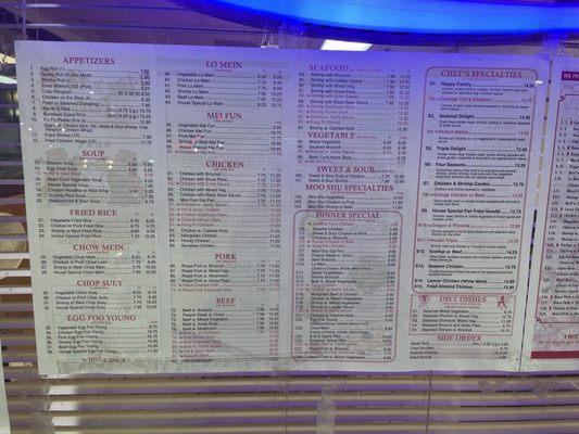 One side of the full menu.