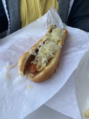 Dog with mustard and kraut