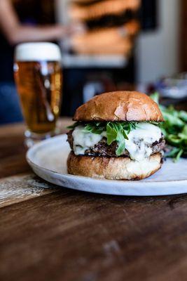 Tahoe National Burger -- a half pound of freshly ground chuck and short rib cooked medium-rare on the flattop. A house staple!