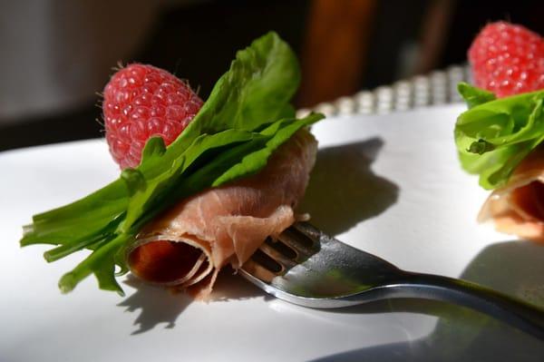 Prosciutto raspberry fork.