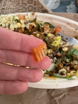 Plastic found in a Sofritas Burrito Bowl