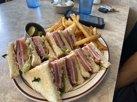 Club sandwich and fries