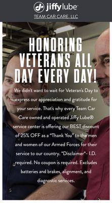 Jiffy Lube Veteran's Day Discount - NOT honored at this location