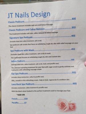 Pedicure menu as of 2/2023