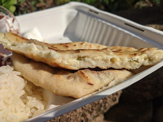 Cheese w/ Loroco (a flower) pupusa - 3 stars. A little heavy on the cheese, which was pretty congealed. Fri takeout lunch 2022-01-28