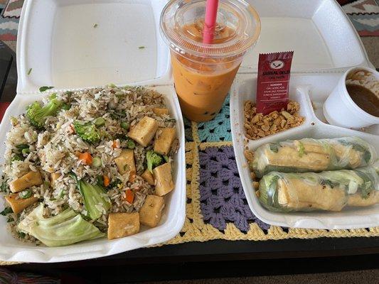 Vegan Spring Rolls (with Rice paper and Tofu)  Vegan Fried Rice with Tofu (Asked them to take out Eggs)  Thai Tea