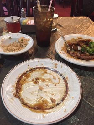 What remains of the large portions. Beef and broccoli with fried rice.