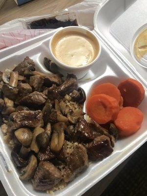 Hibachi Steak with Fried Rice and Sweet Carrot and mushroom.