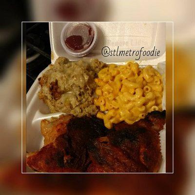 Baked Chicken, Cornbread Dressing, and Macaroni and Cheese