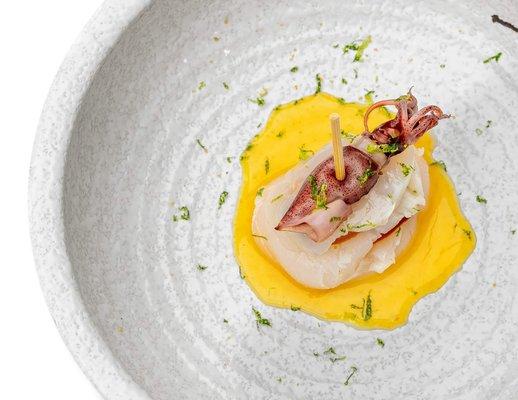 Firefly Squid and Scallop with Bottarga in between on paired with Yuzu Miso Sauce.