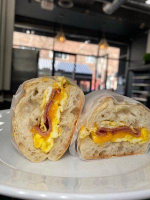 Turkey Bacon Egg & Cheese on a baguette