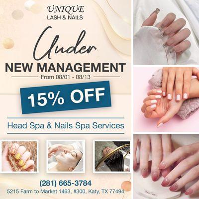 UNDER NEW MANAGEMENT 
15% OFF Head Spa, Nail & Spa Services