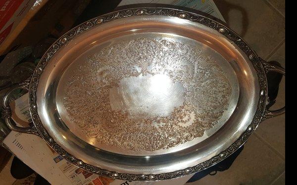 Huge silver serving platter for $7.99. Cleaned off most of the grime with Clorox wipes.An amazing find! (8/18/21)