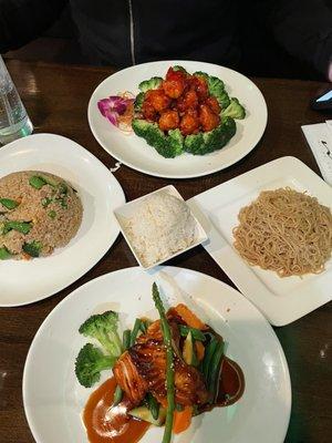 General Tsos, vegetable fried rice, Lomain noodles, salmon