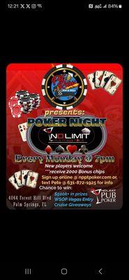 Monday Night NPPT No Limit Texas Hold'em Poker! Starts at 7pm