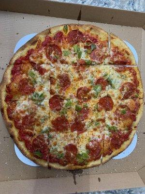 Pepperoni, Onion & Green pepper Thin Crust!  Tavern Cut