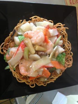 Seafood pan fried noodles with mixed vegetables