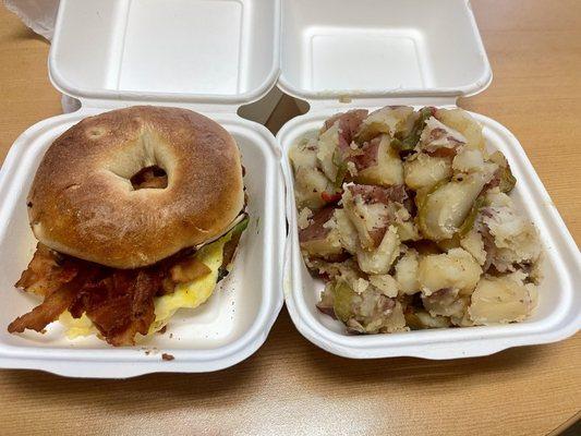 Bacon Egg and Cheese Bagel and home fries