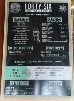 Current menu for soft opening