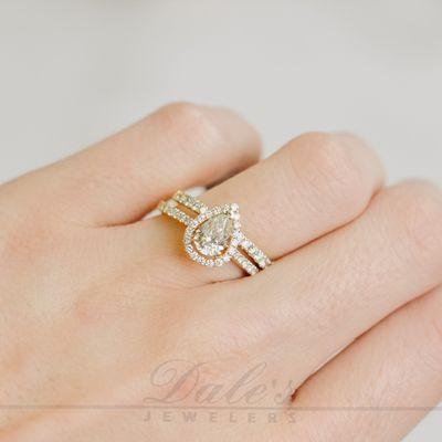 Pear Shaped Halo in 14 karat yellow gold.