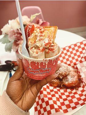 Strawberry Shortcake rolled ice cream & fried Oreos