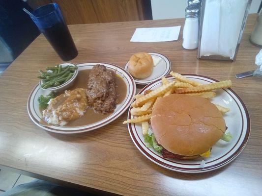 Bacon cheeseburger meal and meatloaf meal.