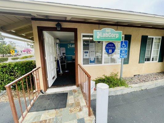 Front door and plenty of handicapped parking.  One story for wheelchair access.