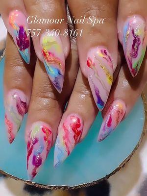 Al-Stilettos Acrylic Shaped with Rainbow designs