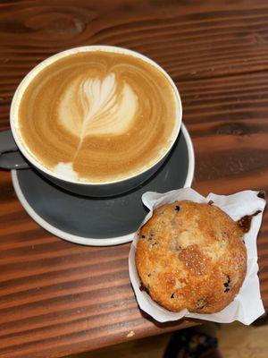 Dusty Rose Latte with Design and Blueberry Muffin