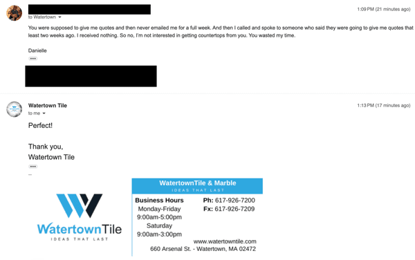 Response from Watertown tile who obviously didn't fully read my email