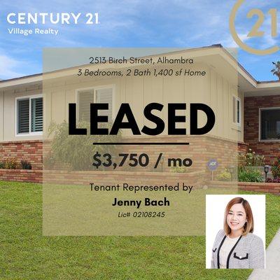 A huge round of applause for Jenny Bach!  Congratulations on successfully finding an amazing rental property for tenants in Alhambra!