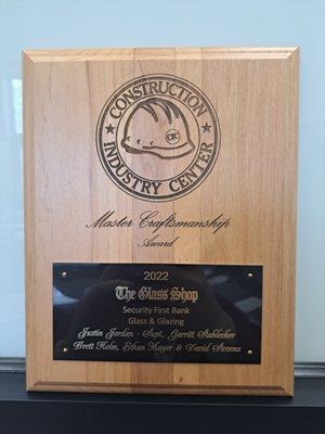 Master Craftsmanship Award for Security First Bank, Rapid City, SD.