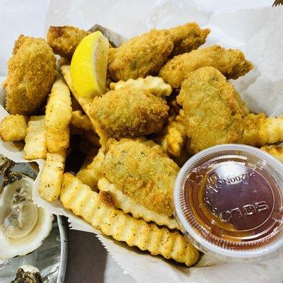 Fried Oyster Basket with French Fries. The oysters are the BEST wish I had more in a serving