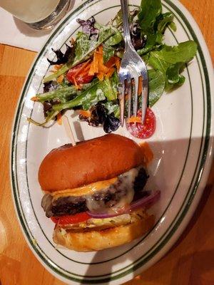 Half a hamburger & salad with homemade ranch. Very good, minus the scratch I got ;)