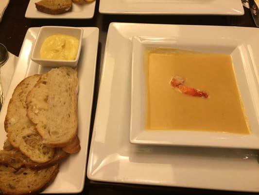 Fantastic lobster bisque and bread with garlic confit butter (for a catered anniversary dinner)