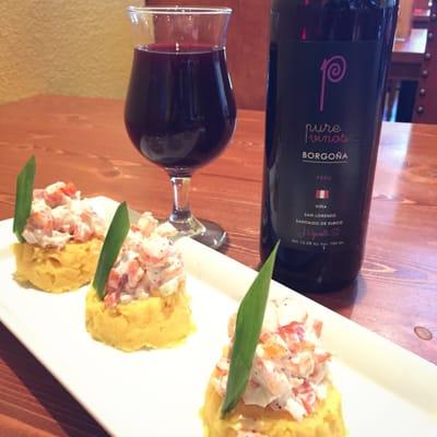 Causa de camaron pairs perfectly with the semi sweet Peruvian red wine Borgoña!