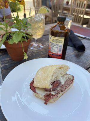 Pastrami sandwich and kombucha