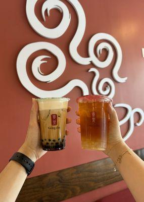 Dirty Brown Sugar Milk Tea (left), Honey Green Tea (right)