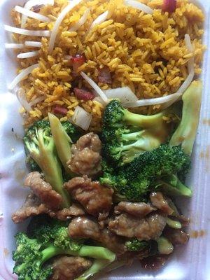 Beef & broccoli with pork fried rice