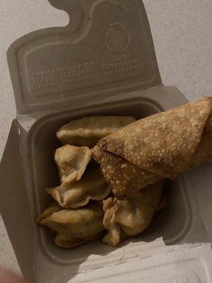 One egg roll and a few potstickers for $10...