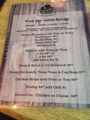 Weekday lunch specials.  A real bang for your buck. Free soda or add a beer for 3 bucks. Hard alcohol is discounted as well