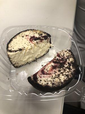 Black Forest Cheesecake cut in half to see what it looks like.  My personal favorite. Chocolate AND Cheesecake.