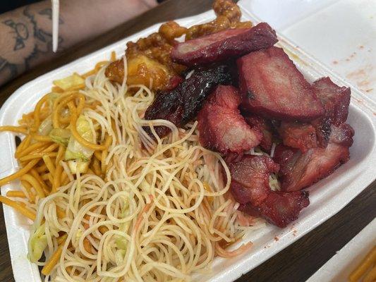 Chow mein and rice noodle with pork and orange chicken