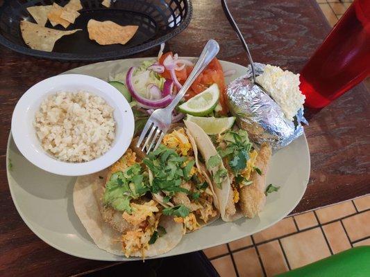 fish tacos - arrived with rice, salad, and potato