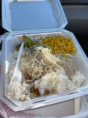 rice, corn, broccoli, chicken and mushrooms, and rice noodles