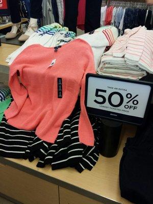 Great deal for a cotton sweater with 50% off lost ticket price. This particular sweater is about $10 after discounts!