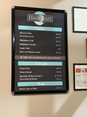 Services and price menu