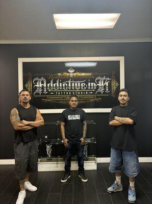 Meet the artist, center: Josue Torralba , owner & tattoo artist. Left: Silver Barajas, tattoo & airbrush Right: Pablo Ramirez, tattoo artist