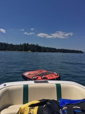 Our view of the Westshore of Lake Almanor on a Majors Outpost Malibu ski boat.